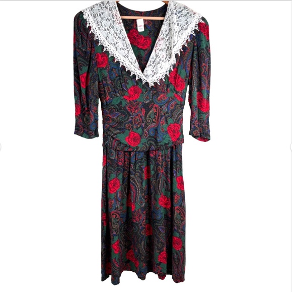 VTG 90s Lisa II Christmas Midi Dress 16 Floral Lace Collar Cottage Prairie Retro - Picture 1 of 13